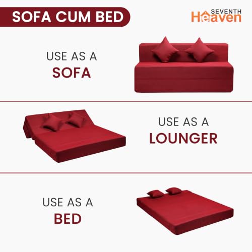 Image of Seventh Heaven 3 Seater 5 * 6 Jute Fabric Washable Cover Sofa Cum Bed 3 Seater Double Foam Fold Out Sofa Cum Bed (Finish Color - Maroon Delivery Condition - Pre-Assembled)