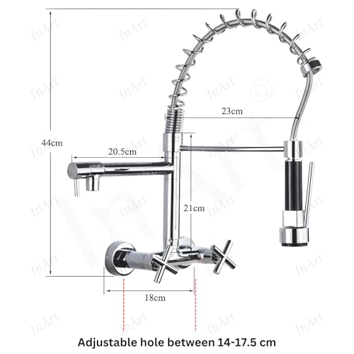 Image of InArt Elite Luxury with Wall-Mounted Kitchen Sink Tap - 360 Pull-Down Sprayer, Multi-Function Spray Head, Single Lever, Chrome Finish, and Hot & Cold Functionality Kitchen Sink Faucet