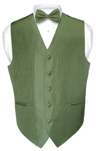 Vesuvio Napoli Men's Dress Vest & BOWTie OLIVE GREEN Color Vertical Striped Design Set