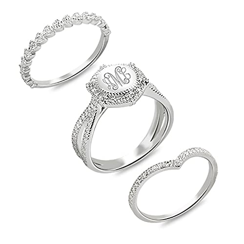 AILIN Custom Classic Hexagon CZ Monogram Ring 925 Sterling Silver Personalized Engraving Initials Rings Graduation Christmas Wedding Set Anniversary Mother’s Day Jewelry Gifts For Women Wife Daughter