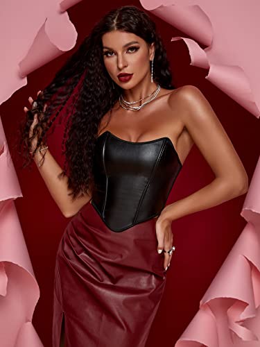 Soly Hux Women's Pu Leather Overbust Corset Bandana Tube Tops Lace Up Strapless Boned Body Shaper Bustier Solid Black L #TOP1