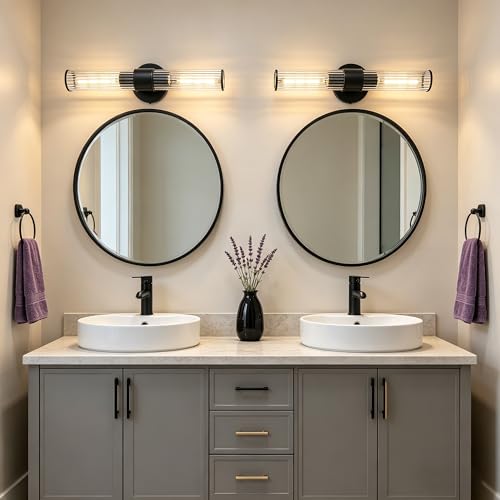 Image of Bathroom Light Fixtures 2 Pack Hardwired, Black Wall Sconce Threaded Glass Vanity Light Featuring Two E26 sockets, Bathroom Wall Light Dimmable - Bulb Not Included, UL Certification