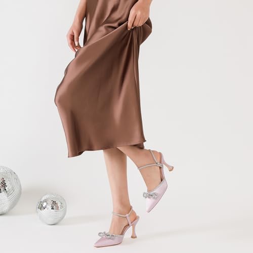 Image of Susanny Women's Closed Toe Rhinstone Wedding Low Heel Slingback Clear Kitten Heels,Adjustable Strap Pointed Toe Bow Pumps High Heeled Prom Dress Shoes
