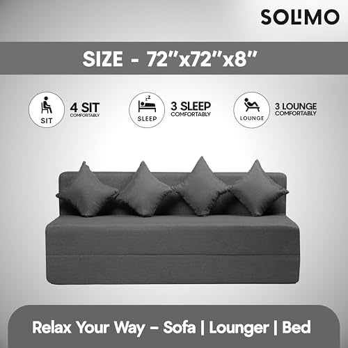Image of Amazon Brand - Solimo 4 Seater 6 * 6 Jute Fabric Washable Cover Sofa Cum Bed with 4 Cushions 4 Seater Double Foam Fold Out Sofa Cum Bed (Finish Color - Grey Delivery Condition - Pre-Assembled)
