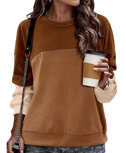 KISSMODA Women's Casual Long Sleeve Sweatshirt Color Block/Solid Crewneck Corduroy Pullover Cute Tops