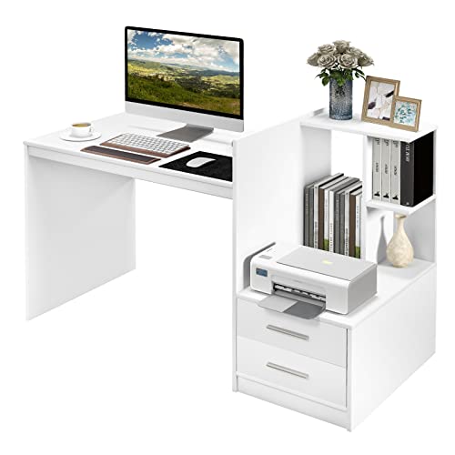 Tangkula White Desk with 2 Storage Drawers & Bookshelf, Home