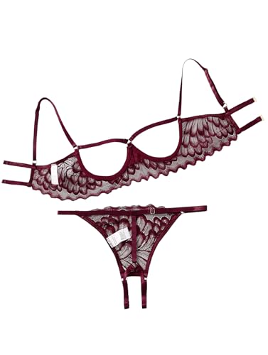 Image of Lilosy Sexy Underwire Floral Lace Sheer Lingerie Set for Women See Through Bra and Panty 2 Piece