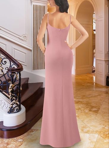 Image of VFSHOW Womens Sexy Formal Ruched Fitted High Slit Bodycon Maxi Dress Spaghetti Strap Sweetheart Cocktail Prom Evening Gown