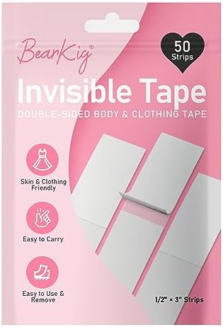 BearKig 50-Strips Double-Sided Tape for Fashion, Invisible Clear Fabric Tape for Clothing & Body with All Day Strength, Hypoallergenic for Sensitive Skin