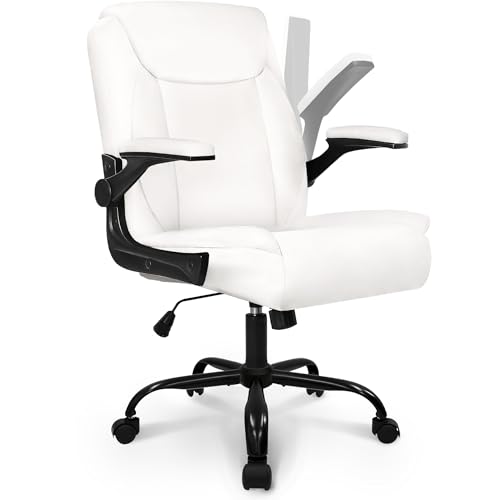NEO Chair Desk Office Gaming Computer Chair Ergonomic Executive Mid-Back Leather with Adjustable Padded Flip-Up Armrests Cushion Wheels Swivel for Home Study Task (White)