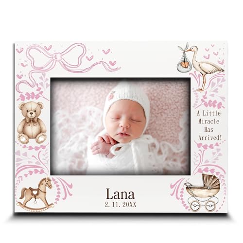 BELLA BUSTA-Personalized Baby Photo Frame with Custom Name, Date & Quote – Baby showers, Newborn, Christening or baptism, Nursery décor, First birthday Keepsake (Girl (5x7 Horizontal))