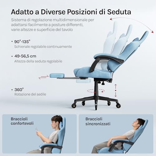 Sedia da gaming, Sedia Gaming Ergonomica con Ruote Silenziose, Altezza e Inclinazione Regolabile, con Braccioli Sincronizzati e Poggiapiedi, in Tessuto Scamosciato, Blu - Sedia gaming - Immagine 4