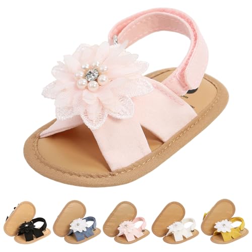 CoKate Baby Girls Sandals Ruffle Bowknot Premium Soft Sole Anti-Slip Open Toe Breathable Summer Outdoor First Walker Shoes Baby Sandals 0-3 months girls Flower Pink