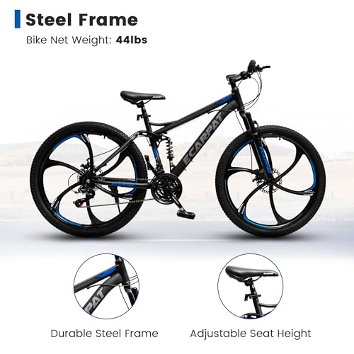Image of Ecarpat 24 /26 Inch Mountain Bike, Full Suspension Mens Women Mountain Bike with 21 Speeds High-Carbon Steel Frame and Disc Brakes, Adult Sport Bicycle for Trail Snow Commuter City Road