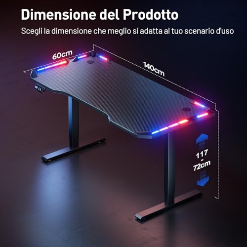 Hlfurnieu Scrivania Gaming Led 140 X 60 Cm, Scrivania Regolabile In Altezza, Con 3 Controlli Memoria, Altezza Aegolabile, Superficie In Fibra Di Carbonio, Facile Da Montare, Nero - 3