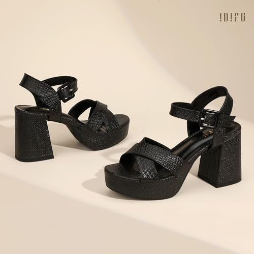 IDIFU Platform Heels for Women Raffia Black Block Heels(Black Raffia,7.5) by IDIFU - Used condition - Image 6