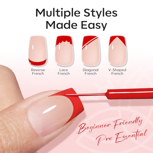 Image of modelones Red French Tip Liner Gel Polish 15ml Built-in Fine Brush | Bright Apple Red Nail Art Gel Paint Swirl Fine Line Design Easy Draw Long Lasting Soak Off U V Cure DIY Home Salon Manicure