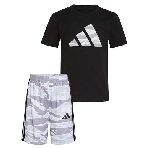 Image of adidas Boys' Short Sleeve Cotton Tee Shirt and Aop Camo Short Set