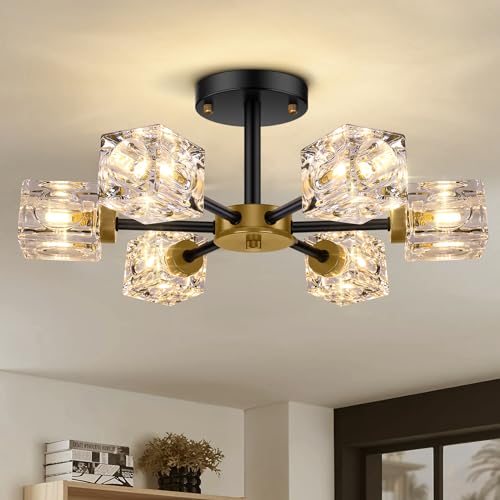 Black Modern Chandelier, 6-Light Crystal Semi Flush Mount Ceiling Light Fixture, 17.3" Farmhouse Kitchen Pendant Light with Cube Shade, Industrial Sputnik Chandeliers for Dining Room, Bedroom by GoBright - Used condition - US$65.53