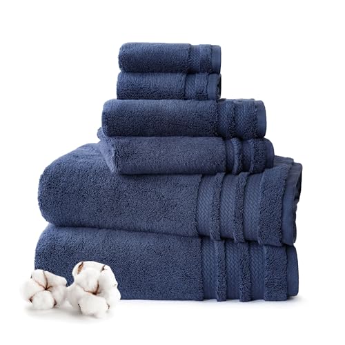 Image of MYTRIDENT Finesse 6 Piece Towel Set (2 Pc Bath Towels, 2 Pc Hand Towels, 2 Pc Face Towels), 625 GSM, Zero-Twist, Luxuriously Soft, 100% Cotton - Navy