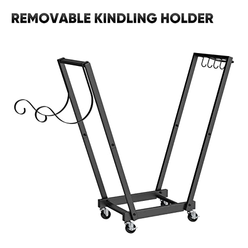 Liantral Firewood Rack On Wheels, Log Holder Indoor Outdoor Wood Stand Build-In Handle, 4 Hooks & Removable Kindling Rack #TOP3