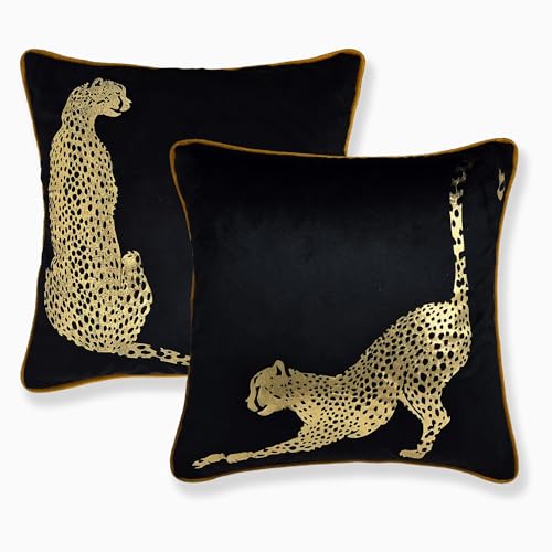 Image of Black Velvet Cushion Cover Set of 2 | 16x16 Inch | Gold Leopard Cheetah Print | Fancy Designer Sofa Cushion Covers | Animal Print Velvet Cushion Cover for Living Room Bedroom