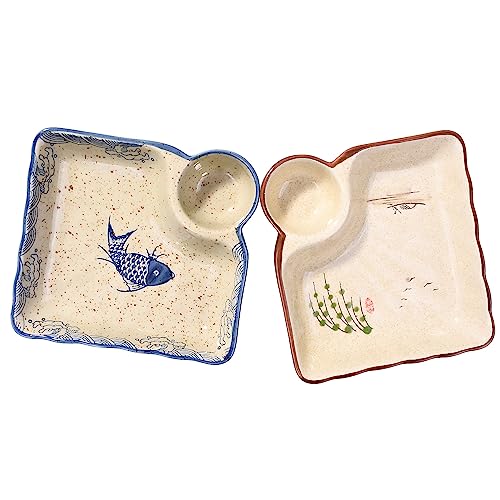 Whitenesser Sushi Plate Set of 2, Different Style Ceramic 7.4 Inch Dumpling Plates with Vinegar Dish Serving for Dumpling, Snack, and Other Food (japanese style yy)