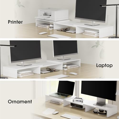 FITUEYES Dual Monitorständer aus Holz, Verstellbare Länge und Schwenkwinkel Bildschirmständer, Monitor Stand Riser für PC Monitor Laptop Drucker, 92,5-108x 23,5X 10,2 cm Weiß