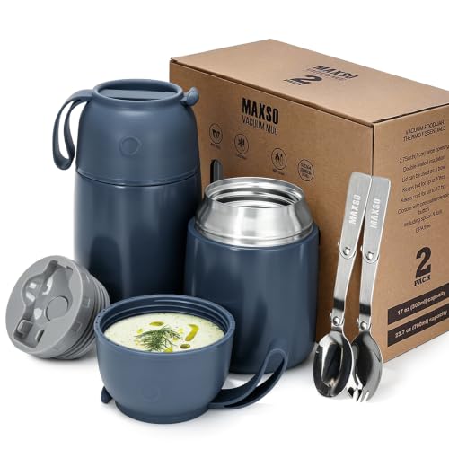 MAXSO 2 Pack Soup Thermo for Hot & Cold Food for Kids Adults, Vacuum Insulated Food Jar Thermal Lunch Containers, Travel Food Flask with Spoon (24 oz,17 oz) (Dusty Blue)
