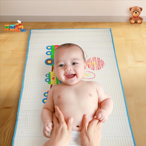 Image of BabyMoo Air-Filled Waterproof Multi-Functional Baby Rubber Mat for Massage and Diaper Change, Baby Crawling mat, Floor mat for Kids, Bed Protector,Non Toxic, Non Slip |Animal Chu Chu Train Blue