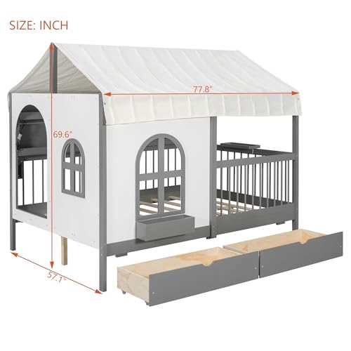 Image of Full Size House Bed with 2 Large Drawers&LED Strip Gray-T | Side Bookshelf, Cozy Reading Nook & Playhouse for Boys & Girls