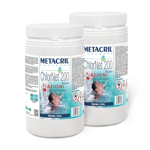Metacril CHLOR NET 200 4 ACTIONS (1+1 KG)- Chlore Piscine en pastilles de 200 g multiaction BLISTERATE