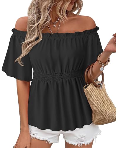 Bebonnie Women's Summer Off The Shoulder Short Sleeve Chiffon Blouse Ruffle Hem Tops