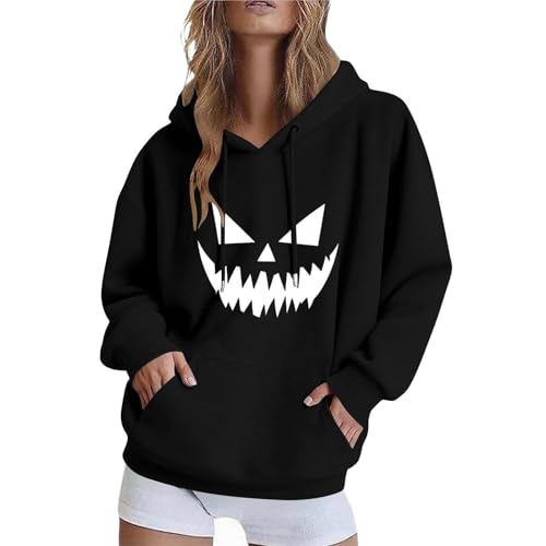 Halloween Women Hooded Sweatshirt - Pumkin Face Graphic Funny Cute Long Sleeve Sweatshirt Drawstring Hoody Casual Hoodies With Pocket Halloween Festival Event Costume (Black-B, S)