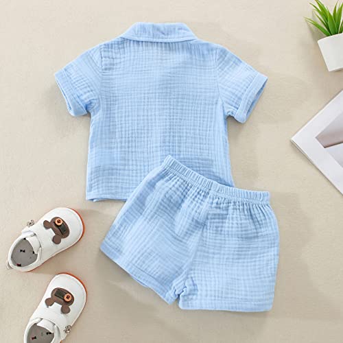 Qiylii Toddler Baby Boy Bubble Linen Summer Clothes, Short Sleeve Button-Up Lapel Shirts & Shorts 2-Piece Casual Outfits (Sky Blue, 12-18 Months) #TOP6