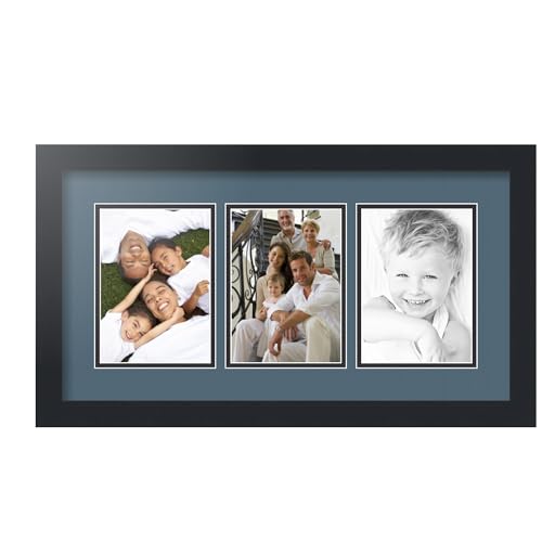 ArtToFrames Collage Picture Frame 3 Opening 3-5x7 Photo Frame | Made in USA | Black Frame Dutch Blue and Black Mats | Wall Mount Multi Photo Display 23X13 Full Size