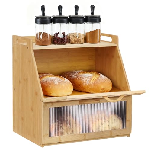 Worshow Panera de bambú, fiambrera de bambú con 2 niveles, gran recipiente para almacenamiento de pan con puerta acrílica magnética para organizar la cocina, 37,8 x 28 x 38,8 cm