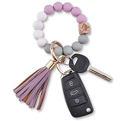 Wristlet Keychain Key Ring Bracelet: Silicone Beaded Wrist Cute Keychains for Women (Lilac Purple)