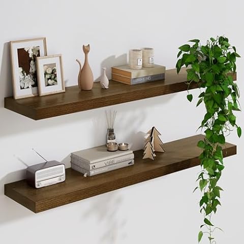 Marsmiles Solid Wood Floating Shelves for Wall, 36”W x 9”D x 1.56”H Large Wall Shelves for Storage, Wall Mounted Display Shelving with Invisible Heavy-Duty Metal Bracket, Light Brown, Set of 2 Cover