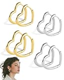 SCJJZ 4 Pares Juego de Pendientes Corazón, Pendientes de Aro Pequeños y Grandes con Forma Corazón Ligeros y Apilables Ideales Como Regalo para Mujer, Oro + Plata