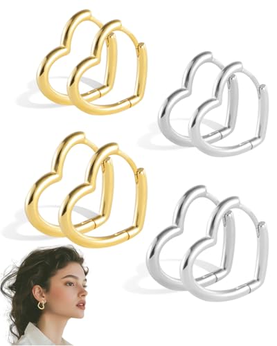 SCJJZ 4 Paires Boucle Doreille Femme Argent Or En Forme de Coeur Creoles Boucle d Oreille Acier...