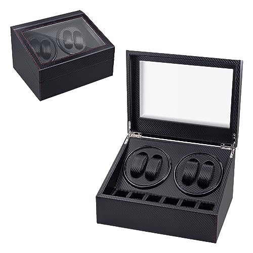 Mcbazel Automatic Watch Winder Box for 4 Watches, 4 Watch & 6 Extra Storage Space,Carbon Fiber Leather Watch Winder Storage Display Box with Quiet Running Motor