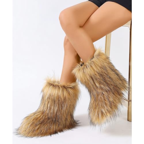 yamerbo Women's Faux Fur Boots Furry Fuzzy Fluffy Y2k Winter Snow Shoes Puffy Warm Short Mid-Calf Boots for Outdoor-Brown2