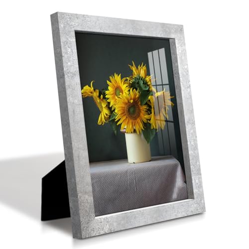 Renditions Gallery 8x10 inch Solid Wood Picture Frame, High Definition Glass and High-end Modern Style for Wall and Tabletop Photo Display, Distressed Silver Wood Grain Frame