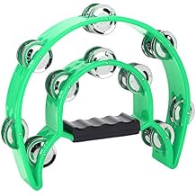Hand Held Percussion, Double Jingles Tambourine, Double Row Metal Jingles Handbell Percussion Musical Instrument with Handle Grip for Adults, Church, KTV, Party Green