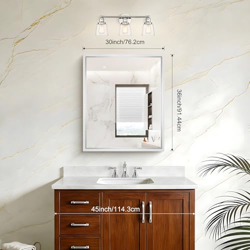 Image of 36x30 Silver Bathroom Mirror, Brushed Silver Rectangular Mirror for Wall, 0.6 inch Thickened Deep Frame Mirrors for Bathroom Sink, Shatterproof Tempered Glass, Antirust, Horizontally or Vertically