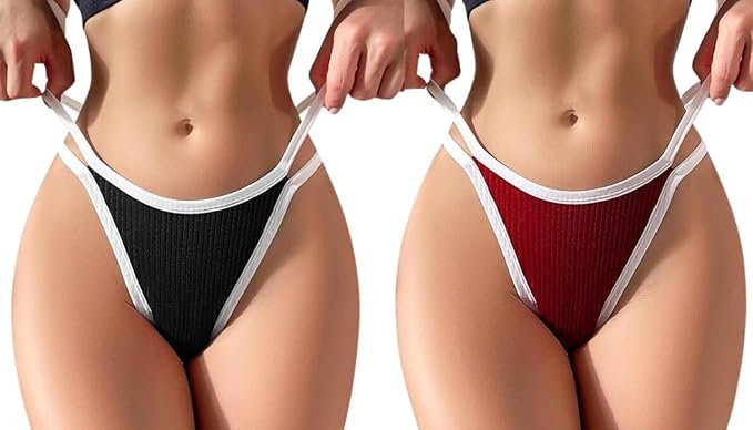 Women's Thong Panties, Pack of 2, Black and Red with White Trim, Ribbed Fabric, High-Cut Style-image-41