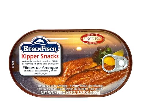 Rugen Fisch Kipper Snacks, Smoked Herring Fillets, 3.54 oz Cans (Pack of 3)