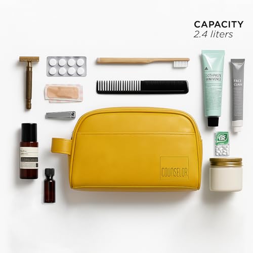 Image of COUNSELOR Toiletry Bag for Men & Women, Vegan Leather Toiletry Organizer, Shaving Kit Bag & Grooming, Travel Toiletry Pouch with Handle, Multiple Compartment, Unisex Travel Organizer Swift (Mustard)