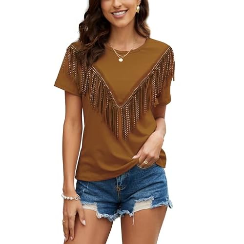 PESION Women's Fringe Trim Shirts Short Sleeve Tassel Trim Blouse T-Shirt Tops 3X-Large Caramel
